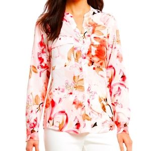 Calvin Klein Utility White Latte Bright Floral Blouse Sz 2X